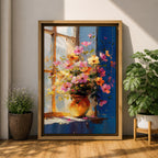 A vibrant floral vase filled with a colorful bouquet of pink, orange, and yellow flowers arranged in an impressionistic style on a windowsill, painted with loose brushstrokes capturing light and shadow in a warm, inviting composition.