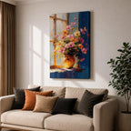 A vibrant floral vase filled with a colorful bouquet of pink, orange, and yellow flowers arranged in an impressionistic style on a windowsill, painted with loose brushstrokes capturing light and shadow in a warm, inviting composition.