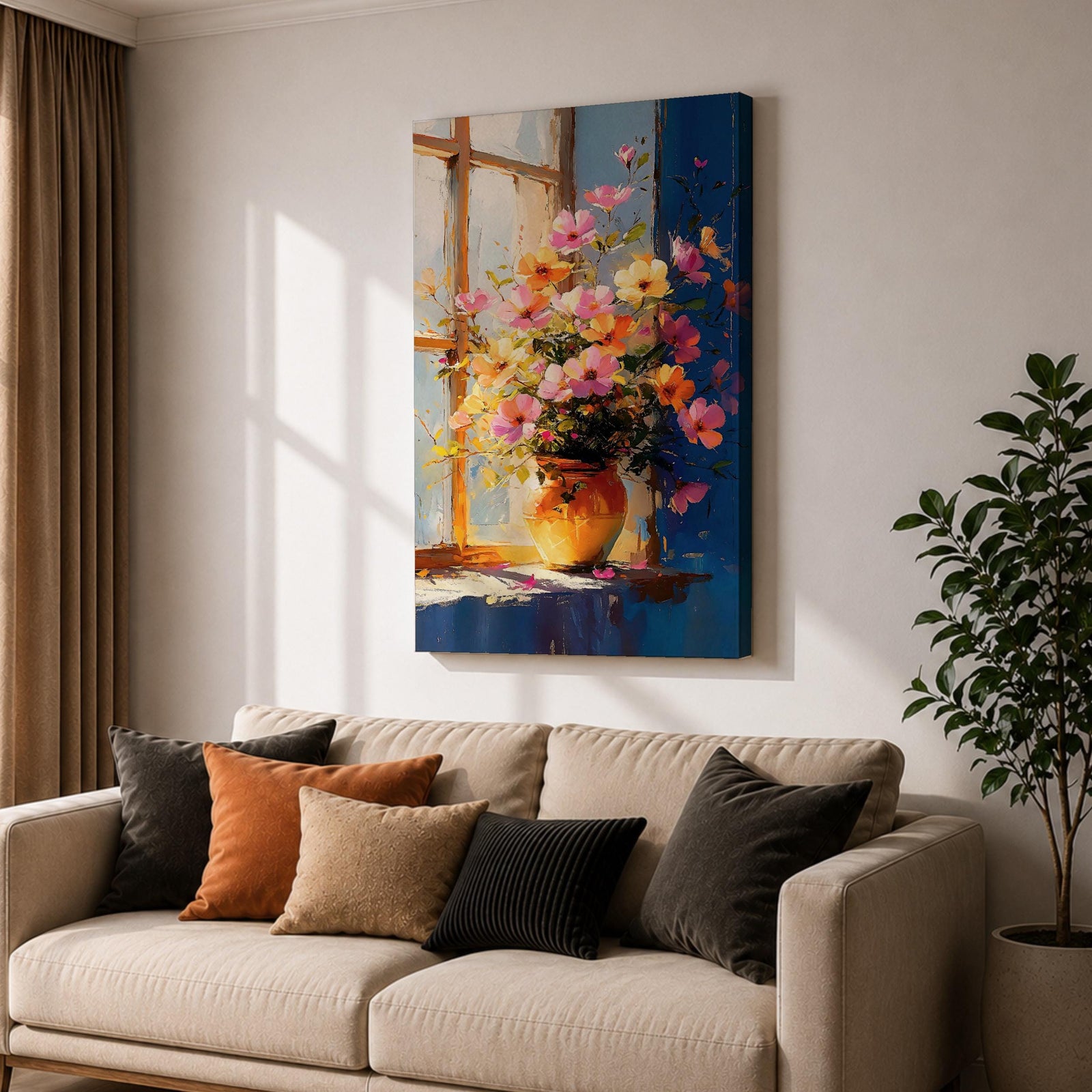 A vibrant floral vase filled with a colorful bouquet of pink, orange, and yellow flowers arranged in an impressionistic style on a windowsill, painted with loose brushstrokes capturing light and shadow in a warm, inviting composition.