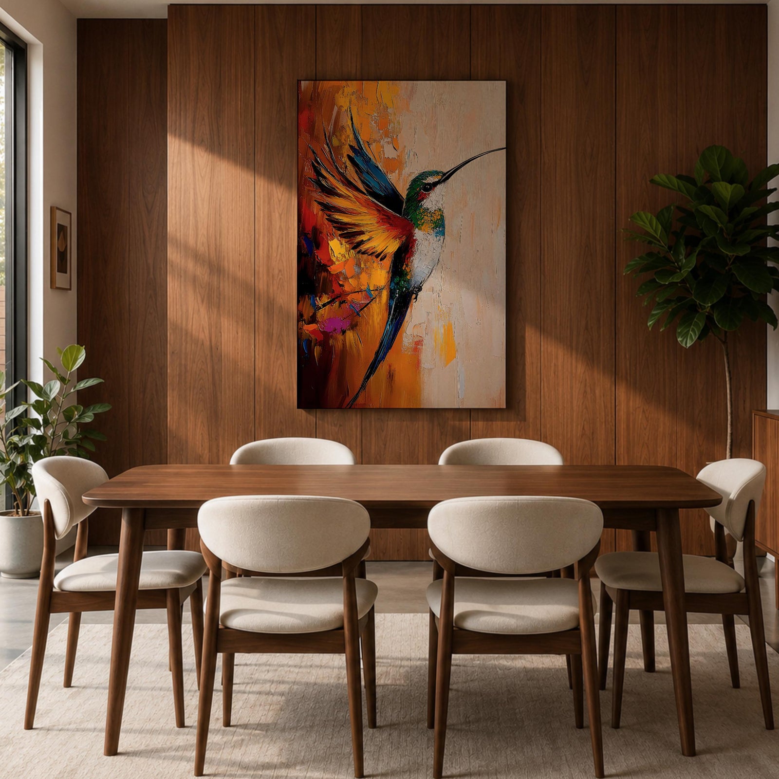 A vibrant impasto style painting of a hummingbird in mid-flight with colorful textured wings and body. The artwork captures the dynamic motion and intricate details of the bird against a warm abstract background, emphasizing wildlife and nature themes in a richly textured animal depiction.