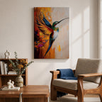 A vibrant impasto style painting of a hummingbird in mid-flight with colorful textured wings and body. The artwork captures the dynamic motion and intricate details of the bird against a warm abstract background, emphasizing wildlife and nature themes in a richly textured animal depiction.