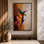 A vibrant impasto style painting of a hummingbird in mid-flight with colorful textured wings and body. The artwork captures the dynamic motion and intricate details of the bird against a warm abstract background, emphasizing wildlife and nature themes in a richly textured animal depiction.