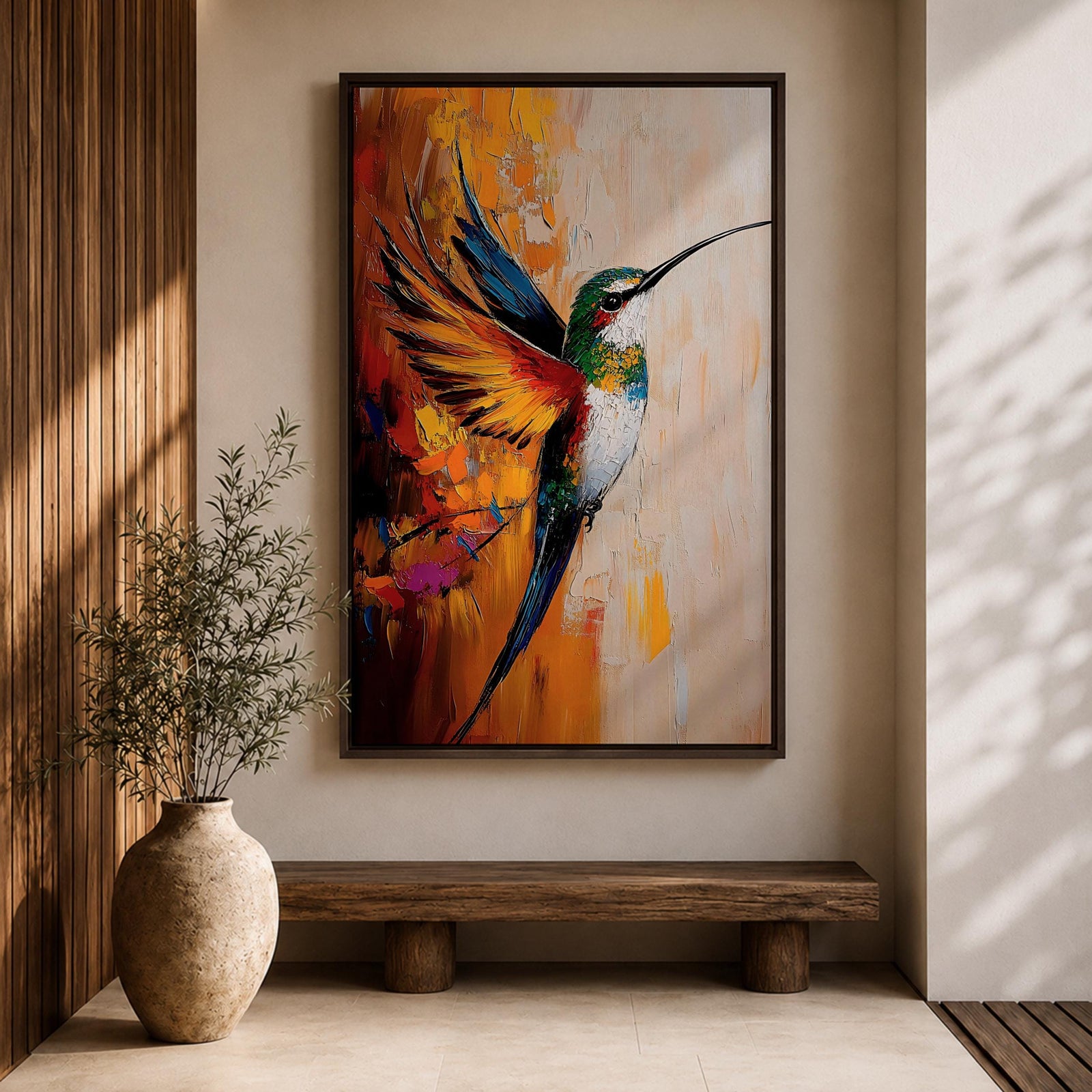 A vibrant impasto style painting of a hummingbird in mid-flight with colorful textured wings and body. The artwork captures the dynamic motion and intricate details of the bird against a warm abstract background, emphasizing wildlife and nature themes in a richly textured animal depiction.