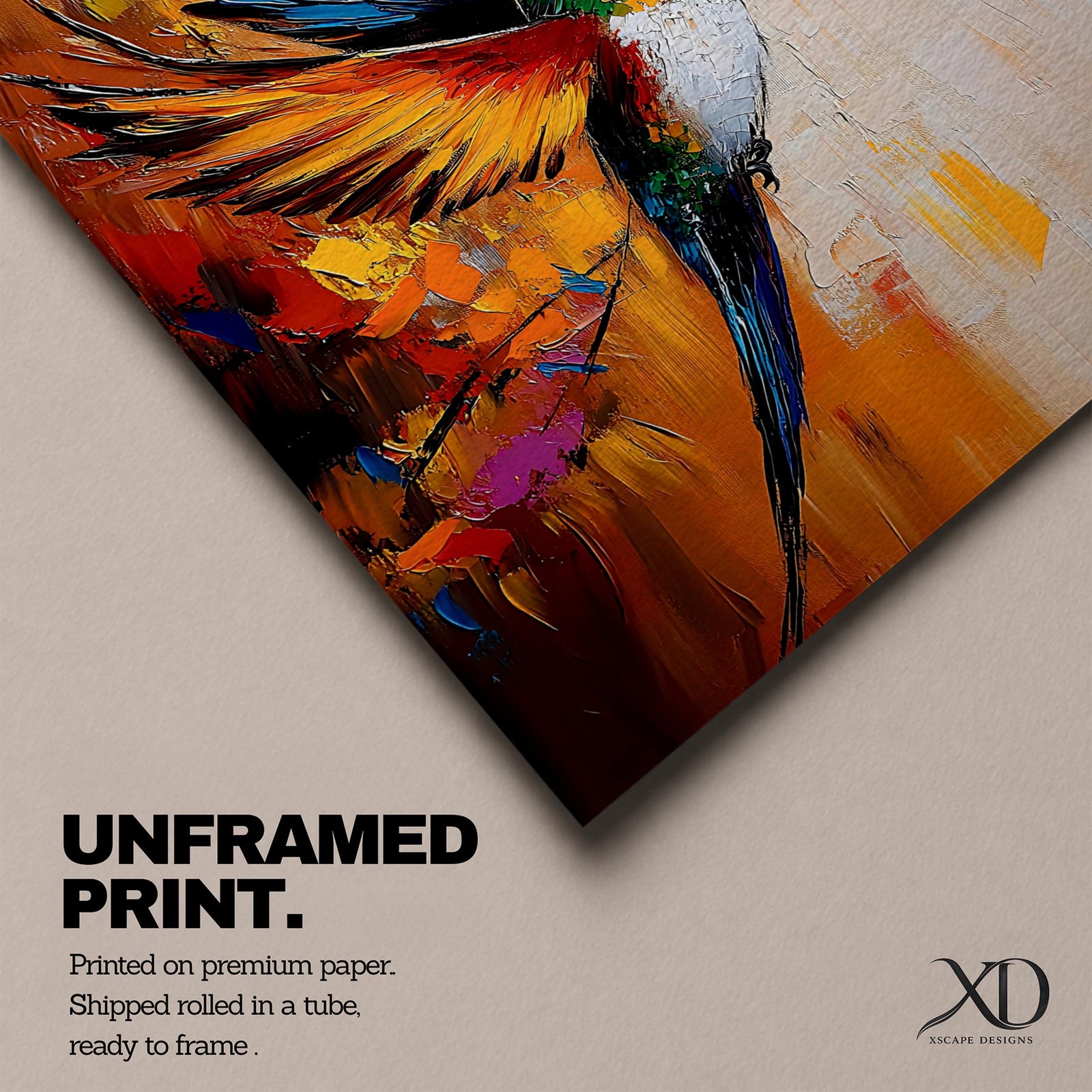 A vibrant impasto style painting of a hummingbird in mid-flight with colorful textured wings and body. The artwork captures the dynamic motion and intricate details of the bird against a warm abstract background, emphasizing wildlife and nature themes in a richly textured animal depiction.