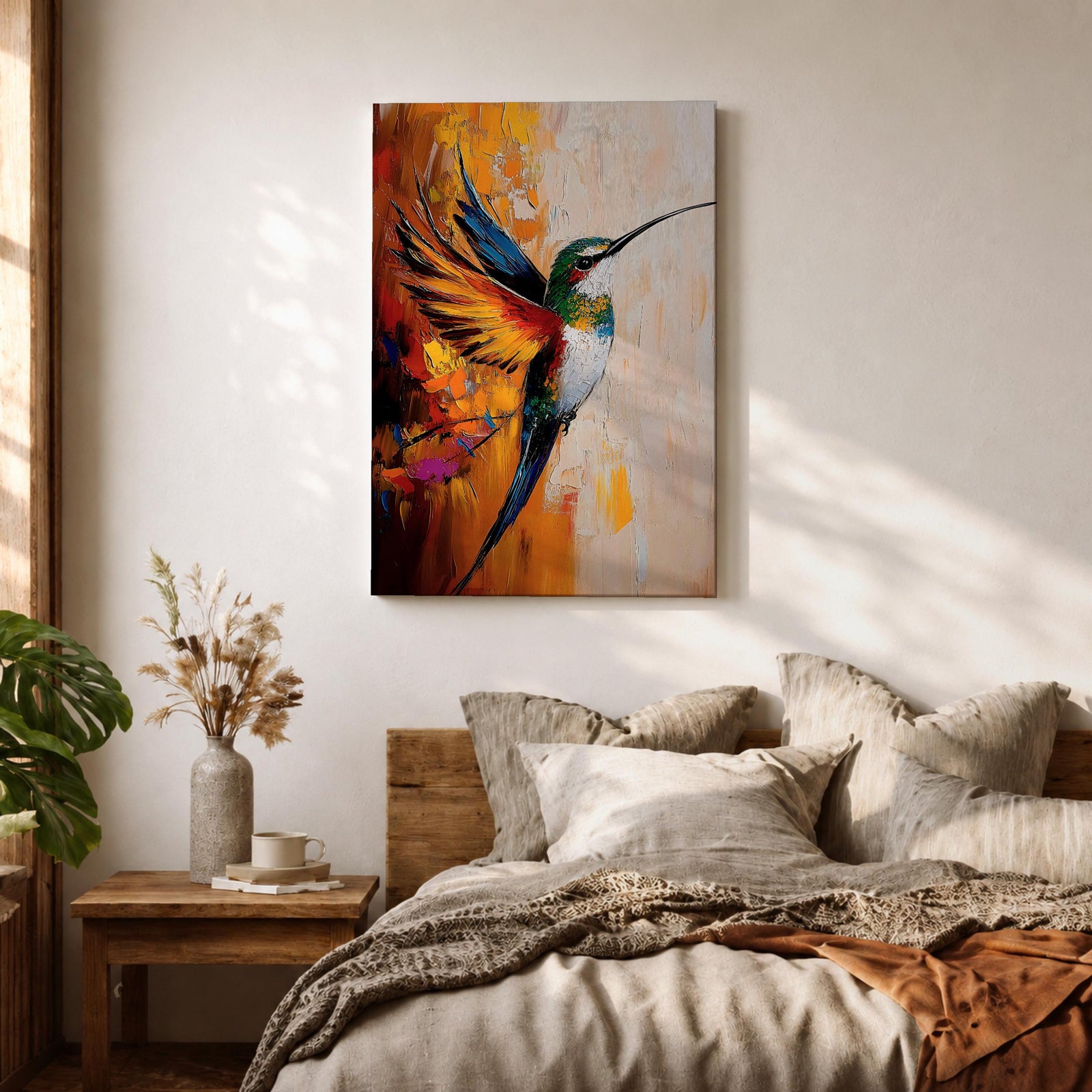 A vibrant impasto style painting of a hummingbird in mid-flight with colorful textured wings and body. The artwork captures the dynamic motion and intricate details of the bird against a warm abstract background, emphasizing wildlife and nature themes in a richly textured animal depiction.