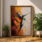 A vibrant impasto style painting of a hummingbird in mid-flight with colorful textured wings and body. The artwork captures the dynamic motion and intricate details of the bird against a warm abstract background, emphasizing wildlife and nature themes in a richly textured animal depiction.
