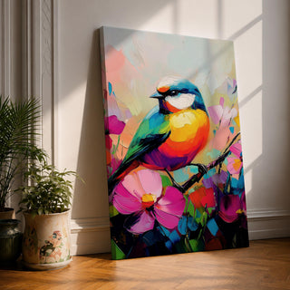 A vibrant colorful bird perched on a branch surrounded by large pink flowers, rendered in a bright, painterly style with bold, smooth brush strokes and rich color contrasts, emphasizing the natural beauty of the bird and floral elements in a lively composition.