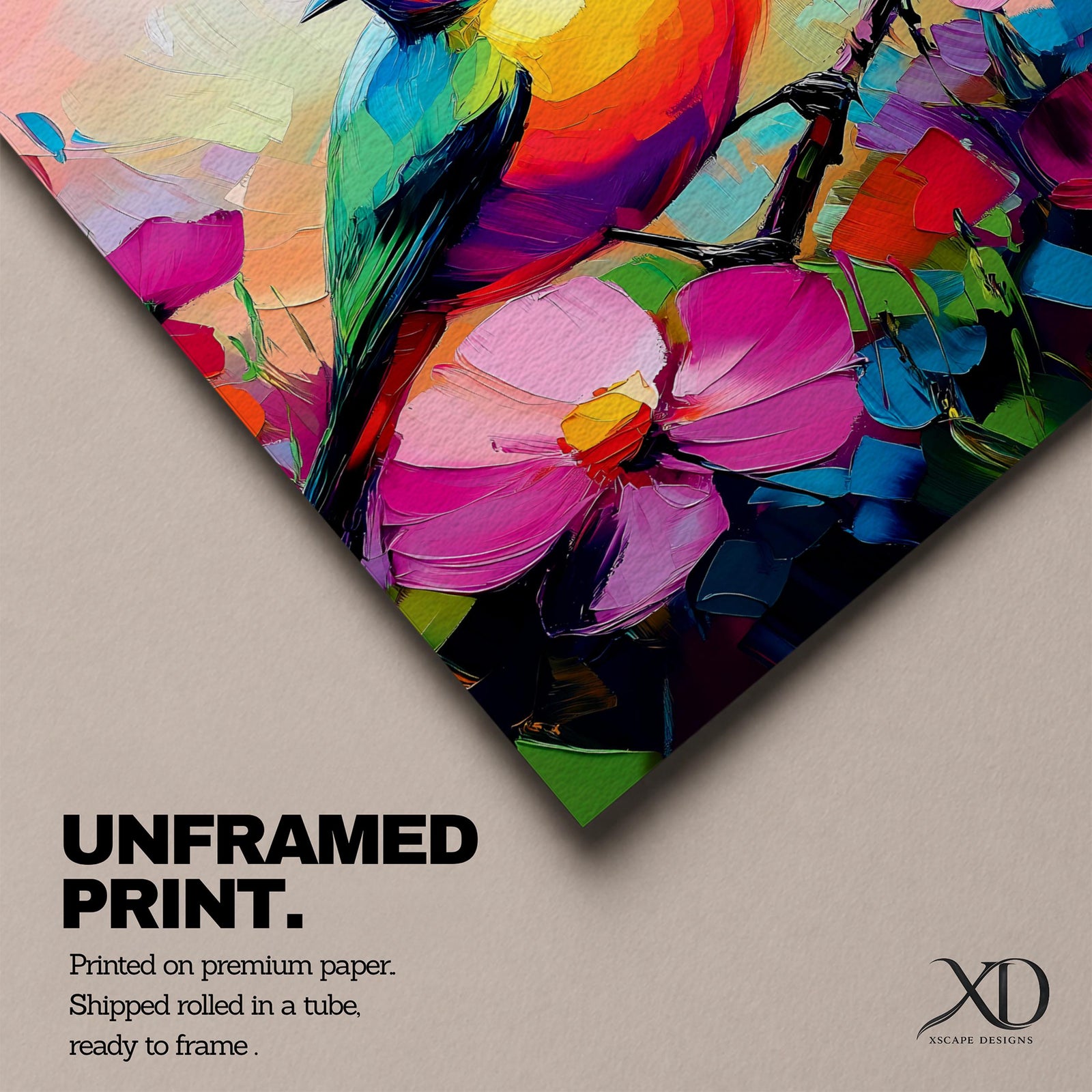 A vibrant colorful bird perched on a branch surrounded by large pink flowers, rendered in a bright, painterly style with bold, smooth brush strokes and rich color contrasts, emphasizing the natural beauty of the bird and floral elements in a lively composition.