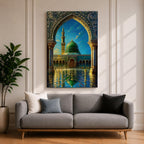 Artistic painting of the Prophet’s Mosque in Medina framed by an ornate Islamic arch, featuring the iconic green dome and tall minaret reflected across a polished courtyard beneath a bright blue sky.