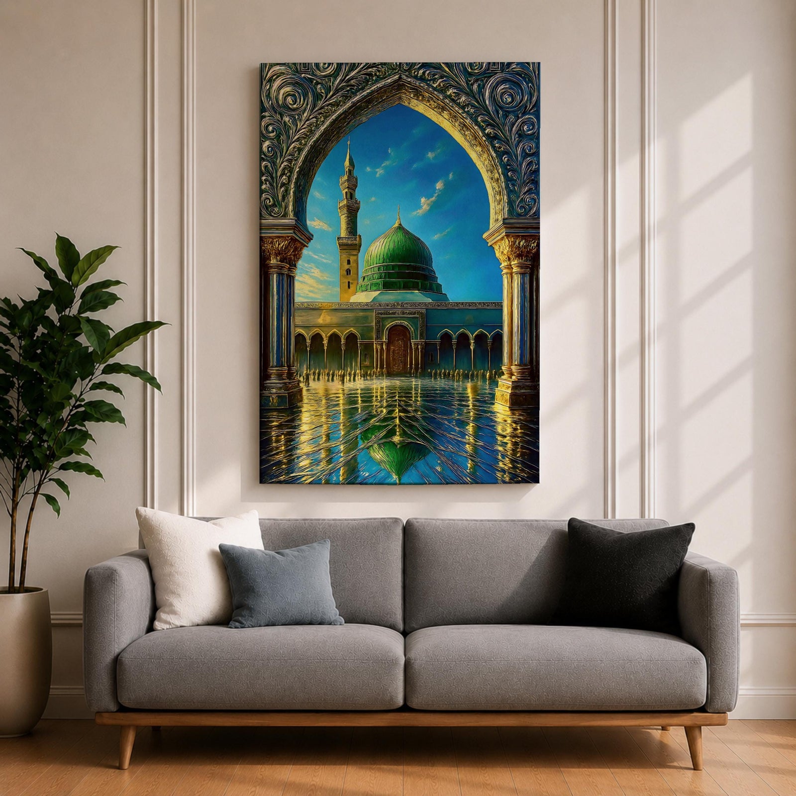 Artistic painting of the Prophet’s Mosque in Medina framed by an ornate Islamic arch, featuring the iconic green dome and tall minaret reflected across a polished courtyard beneath a bright blue sky.