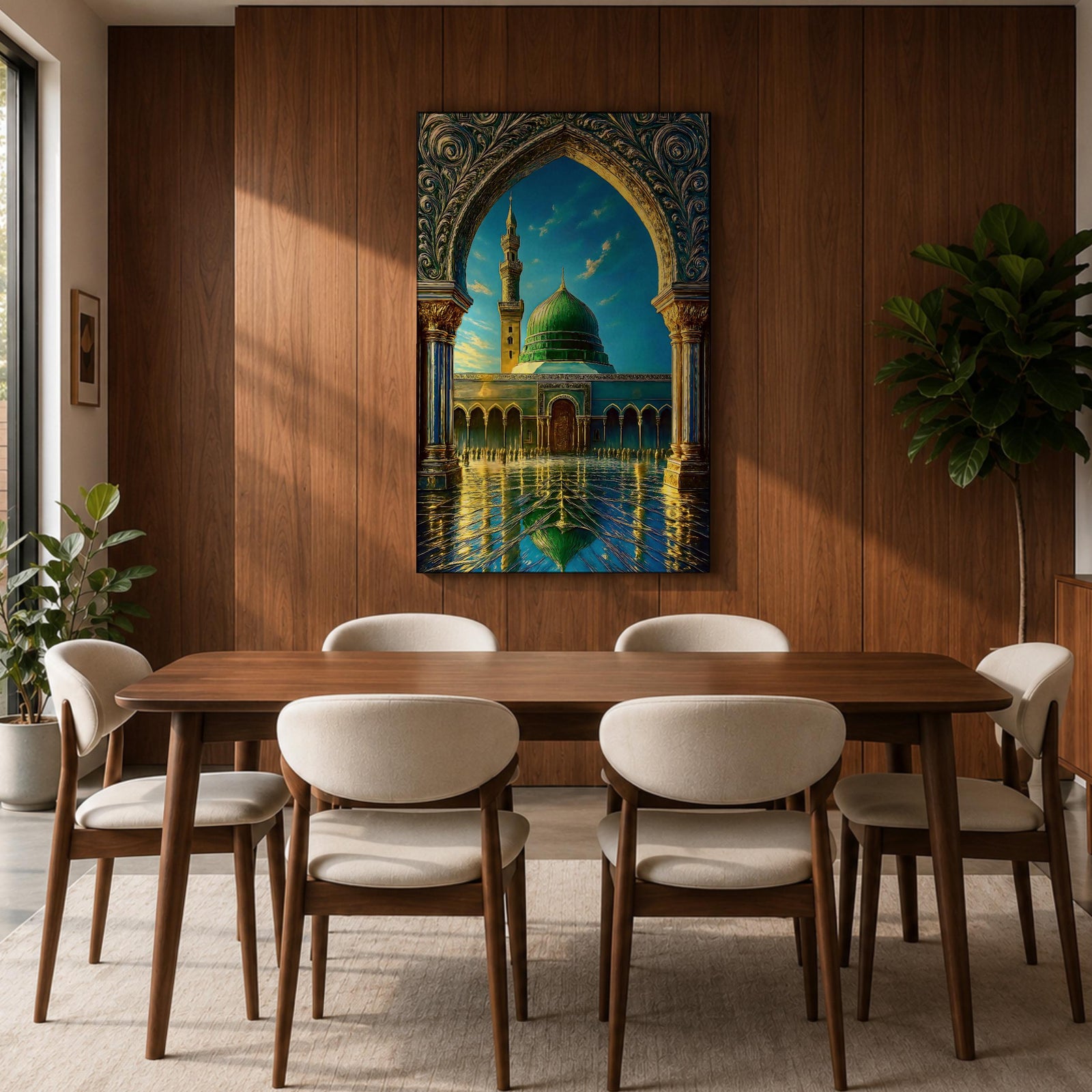 Artistic painting of the Prophet’s Mosque in Medina framed by an ornate Islamic arch, featuring the iconic green dome and tall minaret reflected across a polished courtyard beneath a bright blue sky.