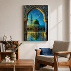 Artistic painting of the Prophet’s Mosque in Medina framed by an ornate Islamic arch, featuring the iconic green dome and tall minaret reflected across a polished courtyard beneath a bright blue sky.