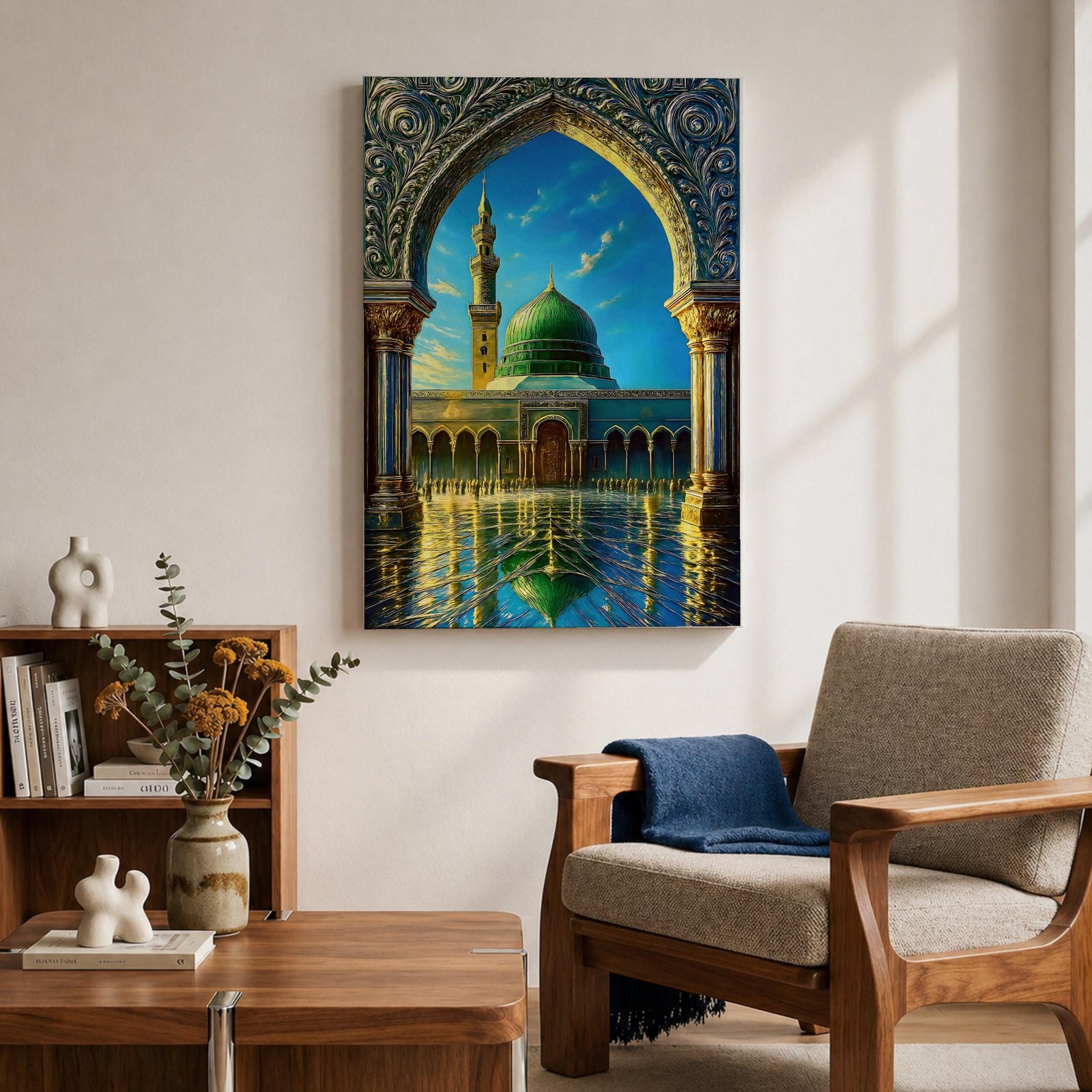 Artistic painting of the Prophet’s Mosque in Medina framed by an ornate Islamic arch, featuring the iconic green dome and tall minaret reflected across a polished courtyard beneath a bright blue sky.