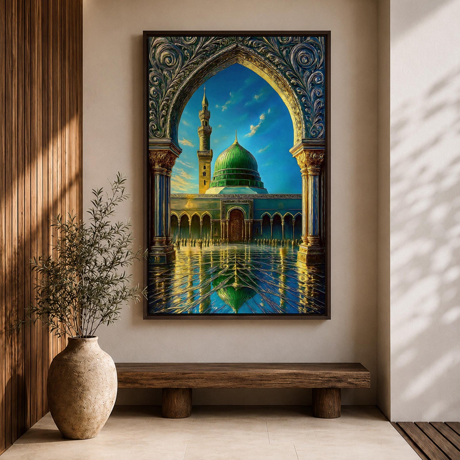 Artistic painting of the Prophet’s Mosque in Medina framed by an ornate Islamic arch, featuring the iconic green dome and tall minaret reflected across a polished courtyard beneath a bright blue sky.