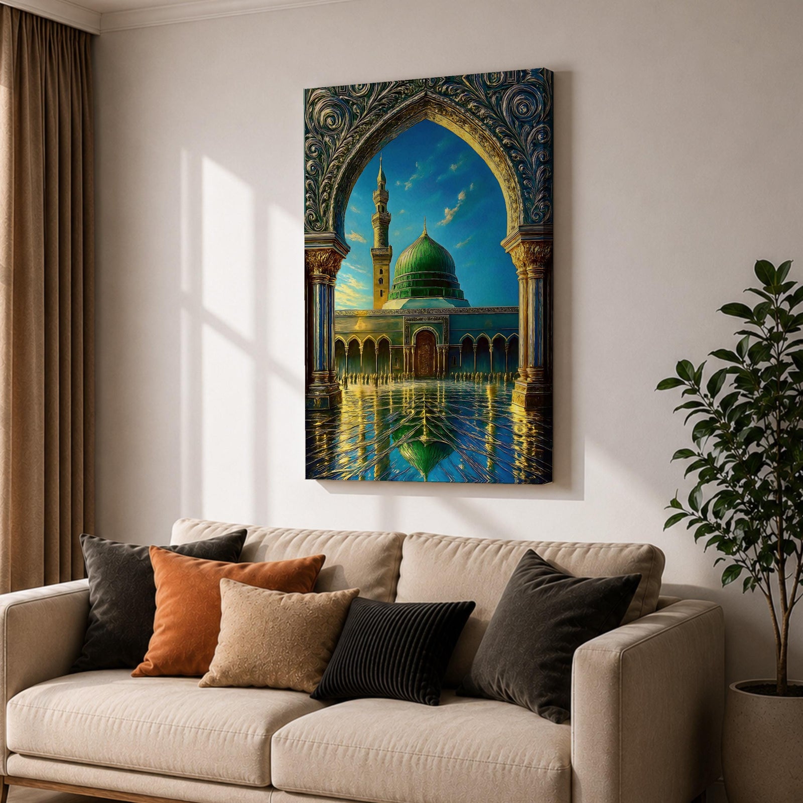 Artistic painting of the Prophet’s Mosque in Medina framed by an ornate Islamic arch, featuring the iconic green dome and tall minaret reflected across a polished courtyard beneath a bright blue sky.