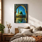 Artistic painting of the Prophet’s Mosque in Medina framed by an ornate Islamic arch, featuring the iconic green dome and tall minaret reflected across a polished courtyard beneath a bright blue sky.