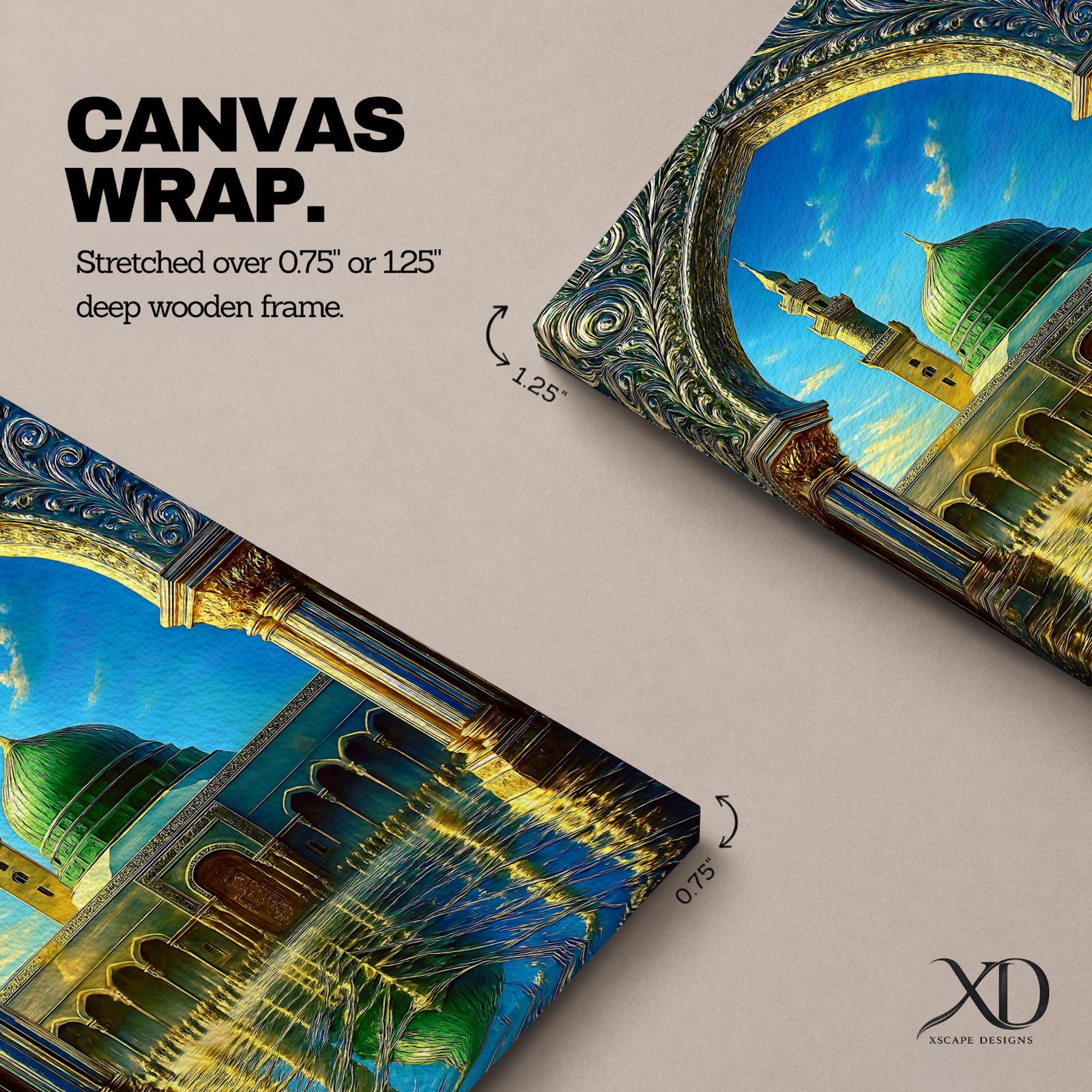 Artistic painting of the Prophet’s Mosque in Medina framed by an ornate Islamic arch, featuring the iconic green dome and tall minaret reflected across a polished courtyard beneath a bright blue sky.