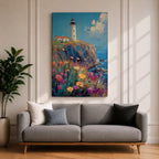 This impasto style painting depicts a lighthouse standing on a rocky cliff overlooking the sea with a vibrant wildflower meadow in the foreground. The thick textured brushstrokes create a rich, colorful coastal landscape scene with blue skies and scattered clouds.