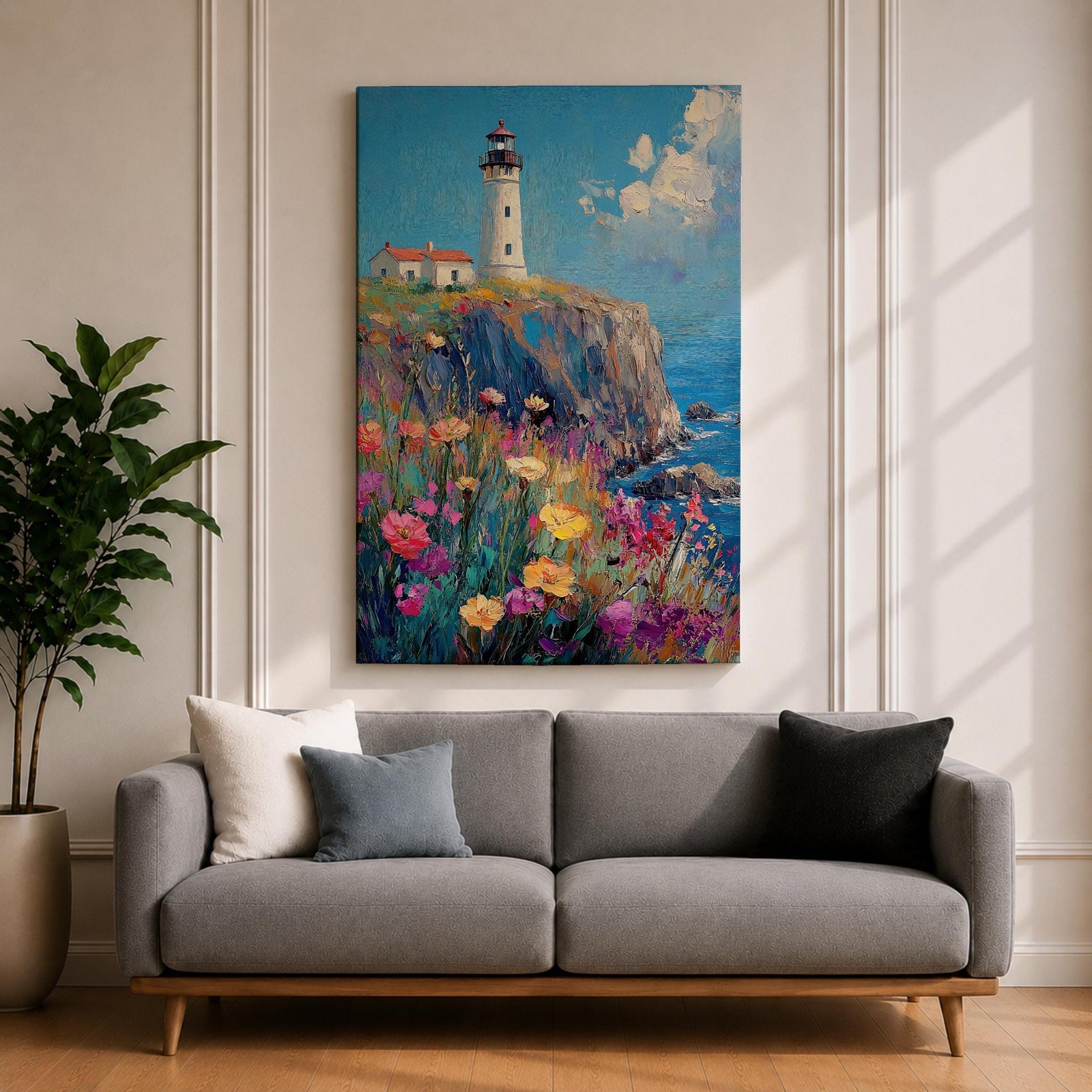 This impasto style painting depicts a lighthouse standing on a rocky cliff overlooking the sea with a vibrant wildflower meadow in the foreground. The thick textured brushstrokes create a rich, colorful coastal landscape scene with blue skies and scattered clouds.