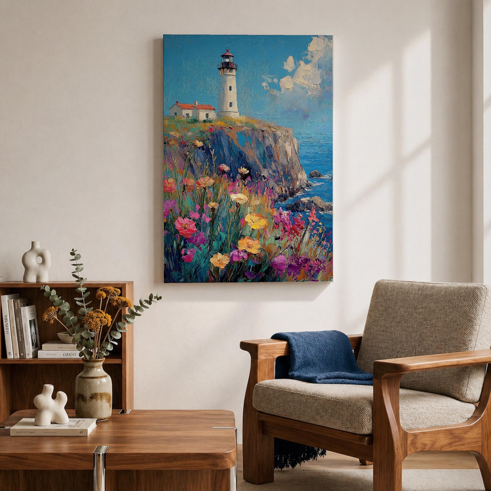 This impasto style painting depicts a lighthouse standing on a rocky cliff overlooking the sea with a vibrant wildflower meadow in the foreground. The thick textured brushstrokes create a rich, colorful coastal landscape scene with blue skies and scattered clouds.