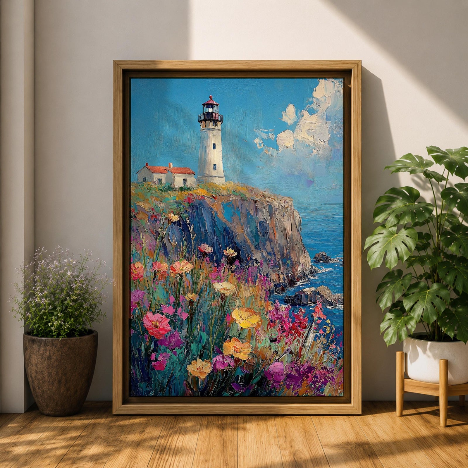 This impasto style painting depicts a lighthouse standing on a rocky cliff overlooking the sea with a vibrant wildflower meadow in the foreground. The thick textured brushstrokes create a rich, colorful coastal landscape scene with blue skies and scattered clouds.