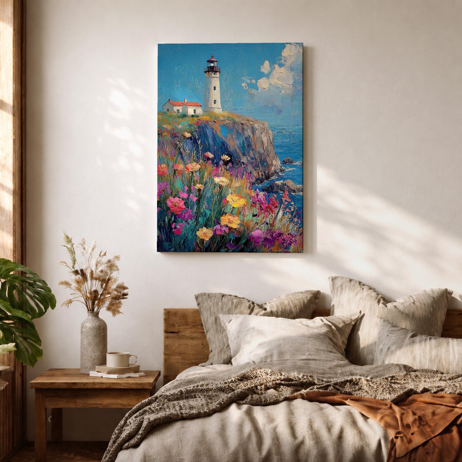 This impasto style painting depicts a lighthouse standing on a rocky cliff overlooking the sea with a vibrant wildflower meadow in the foreground. The thick textured brushstrokes create a rich, colorful coastal landscape scene with blue skies and scattered clouds.