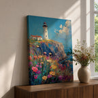 This impasto style painting depicts a lighthouse standing on a rocky cliff overlooking the sea with a vibrant wildflower meadow in the foreground. The thick textured brushstrokes create a rich, colorful coastal landscape scene with blue skies and scattered clouds.