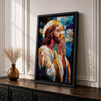 Modern stained glass style illustration of Jesus Christ shown praying with hands clasped and head bowed, portrayed with a calm expression and soft halo, composed of luminous jewel toned glass segments and radiant light patterns, rendered with clean lines and glowing color in a contemporary Christian devotional composition.