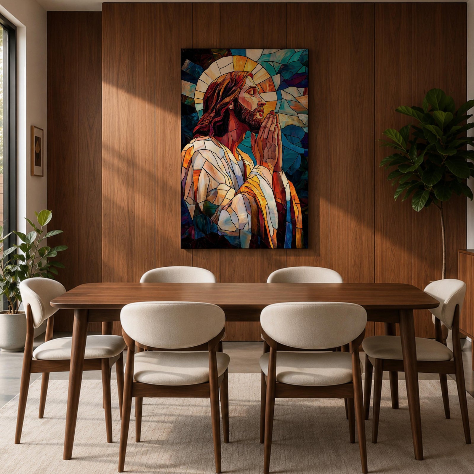 Modern stained glass style illustration of Jesus Christ shown praying with hands clasped and head bowed, portrayed with a calm expression and soft halo, composed of luminous jewel toned glass segments and radiant light patterns, rendered with clean lines and glowing color in a contemporary Christian devotional composition.