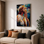 Modern stained glass style illustration of Jesus Christ shown praying with hands clasped and head bowed, portrayed with a calm expression and soft halo, composed of luminous jewel toned glass segments and radiant light patterns, rendered with clean lines and glowing color in a contemporary Christian devotional composition.
