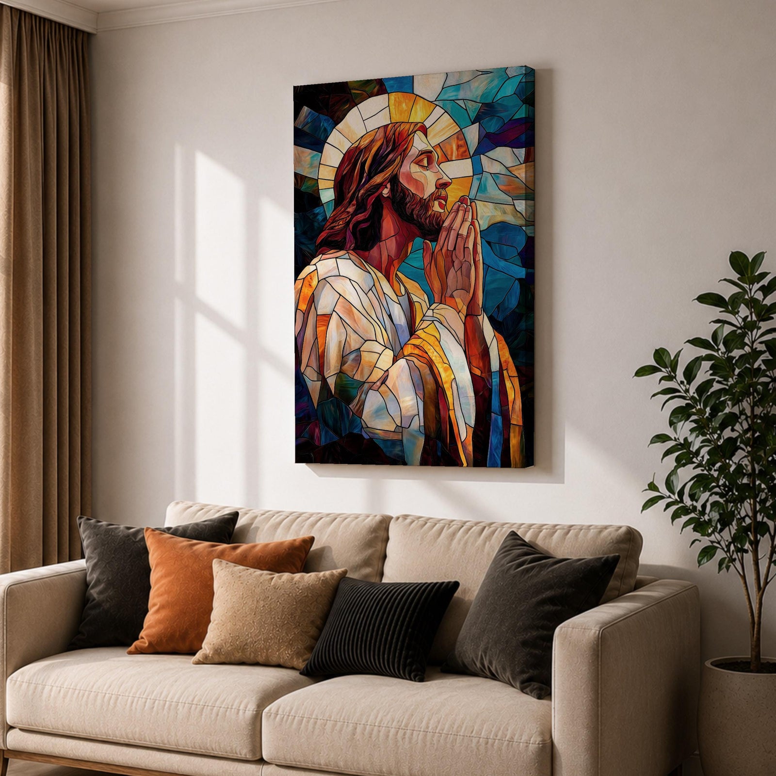 Modern stained glass style illustration of Jesus Christ shown praying with hands clasped and head bowed, portrayed with a calm expression and soft halo, composed of luminous jewel toned glass segments and radiant light patterns, rendered with clean lines and glowing color in a contemporary Christian devotional composition.