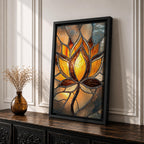 This artwork features a stained glass style depiction of a lotus flower with glowing amber and brown tones. The design mimics the segmented, textured look of stained glass panels, emphasizing the flower’s petals and stem in a mosaic-like arrangement, capturing a botanical and meditative essence.