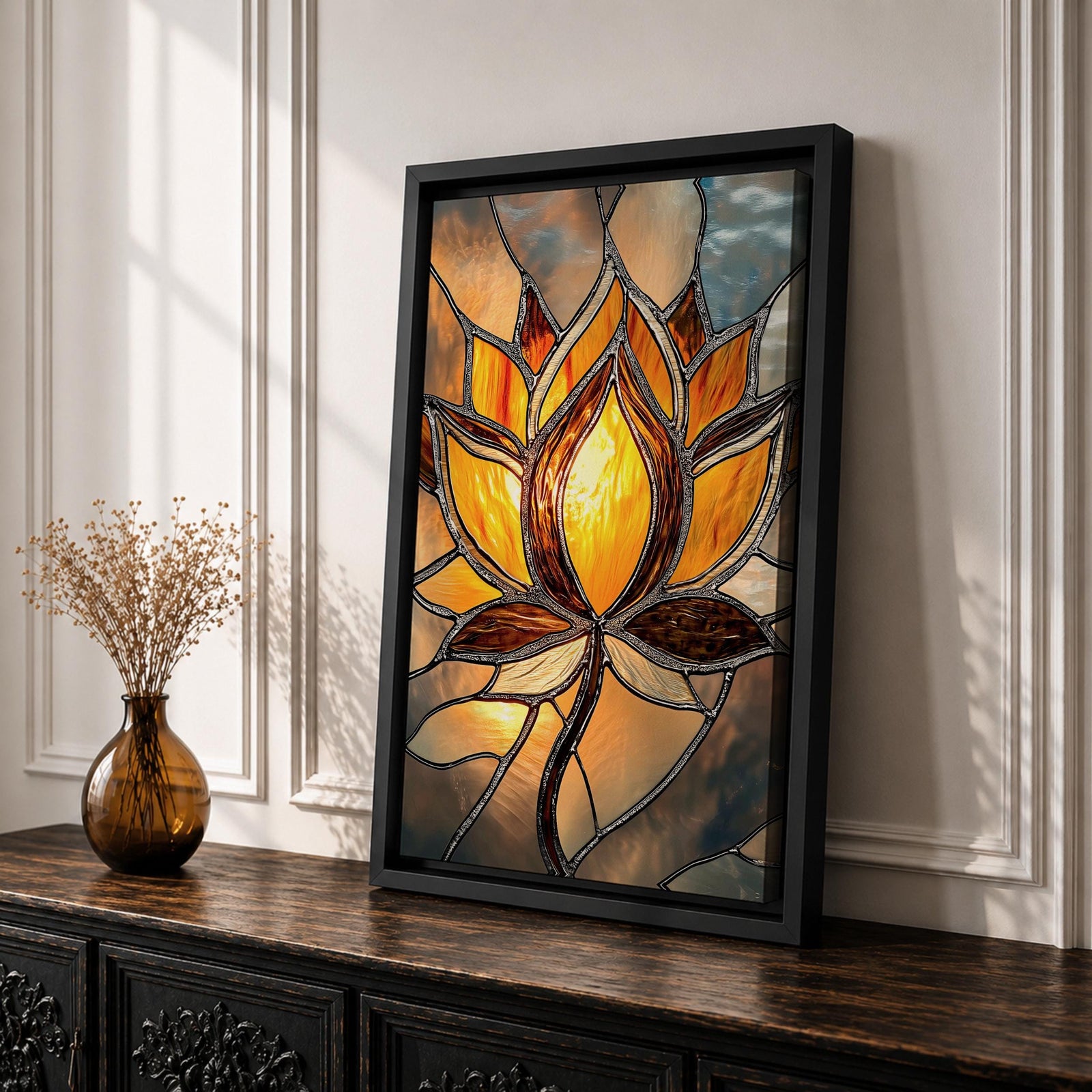 This artwork features a stained glass style depiction of a lotus flower with glowing amber and brown tones. The design mimics the segmented, textured look of stained glass panels, emphasizing the flower’s petals and stem in a mosaic-like arrangement, capturing a botanical and meditative essence.