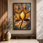 This artwork features a stained glass style depiction of a lotus flower with glowing amber and brown tones. The design mimics the segmented, textured look of stained glass panels, emphasizing the flower’s petals and stem in a mosaic-like arrangement, capturing a botanical and meditative essence.