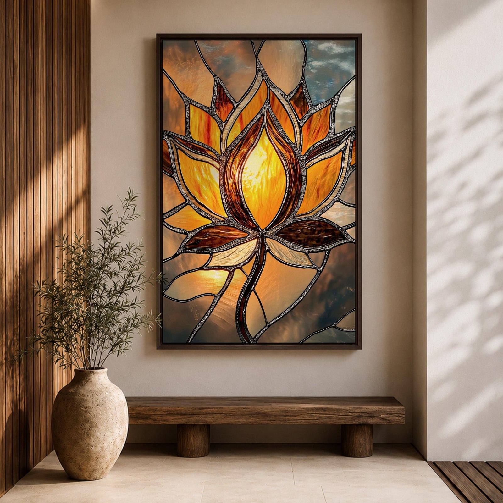 This artwork features a stained glass style depiction of a lotus flower with glowing amber and brown tones. The design mimics the segmented, textured look of stained glass panels, emphasizing the flower’s petals and stem in a mosaic-like arrangement, capturing a botanical and meditative essence.