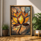 This artwork features a stained glass style depiction of a lotus flower with glowing amber and brown tones. The design mimics the segmented, textured look of stained glass panels, emphasizing the flower’s petals and stem in a mosaic-like arrangement, capturing a botanical and meditative essence.