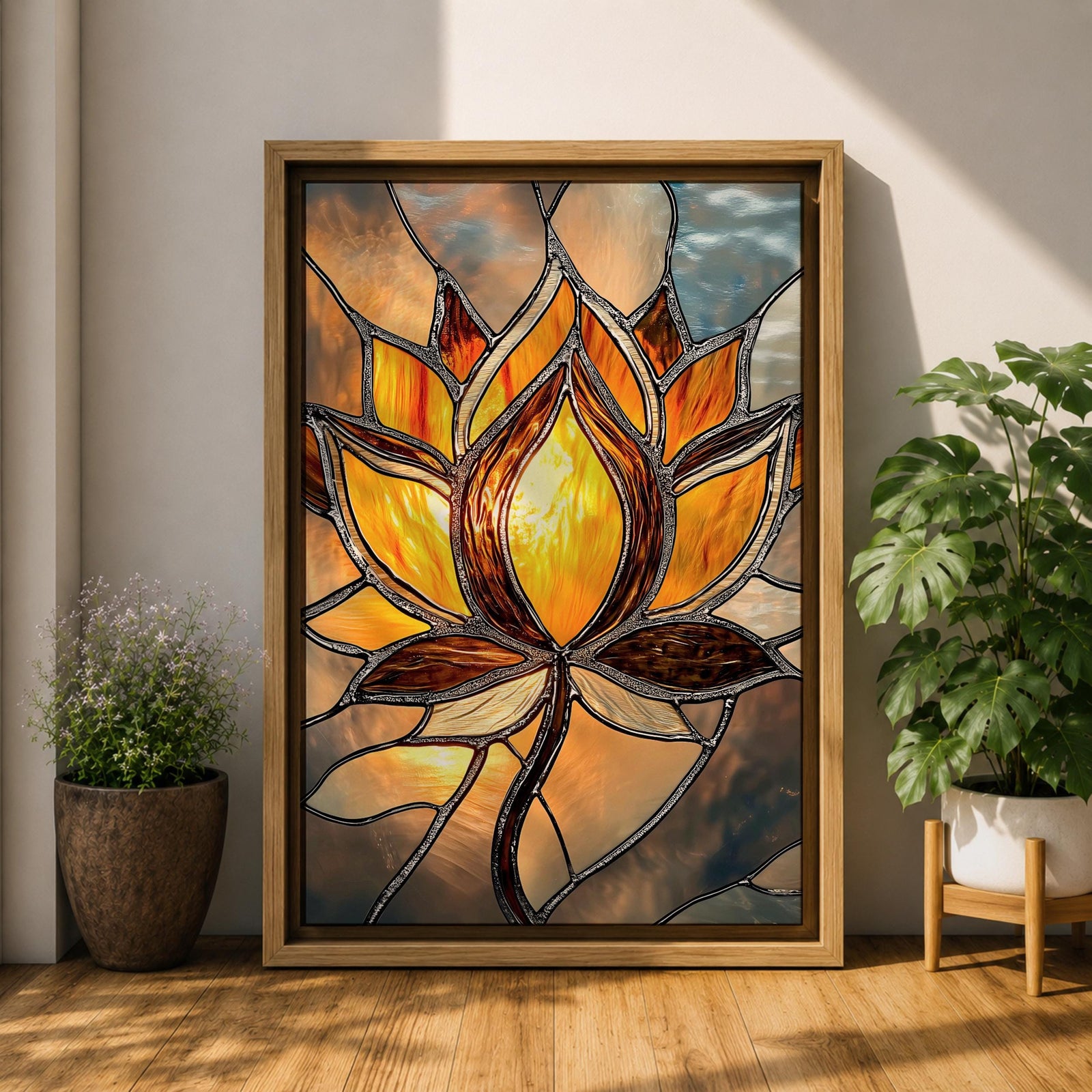 This artwork features a stained glass style depiction of a lotus flower with glowing amber and brown tones. The design mimics the segmented, textured look of stained glass panels, emphasizing the flower’s petals and stem in a mosaic-like arrangement, capturing a botanical and meditative essence.