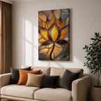 This artwork features a stained glass style depiction of a lotus flower with glowing amber and brown tones. The design mimics the segmented, textured look of stained glass panels, emphasizing the flower’s petals and stem in a mosaic-like arrangement, capturing a botanical and meditative essence.