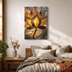 This artwork features a stained glass style depiction of a lotus flower with glowing amber and brown tones. The design mimics the segmented, textured look of stained glass panels, emphasizing the flower’s petals and stem in a mosaic-like arrangement, capturing a botanical and meditative essence.