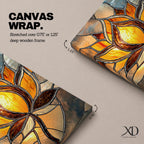 This artwork features a stained glass style depiction of a lotus flower with glowing amber and brown tones. The design mimics the segmented, textured look of stained glass panels, emphasizing the flower’s petals and stem in a mosaic-like arrangement, capturing a botanical and meditative essence.