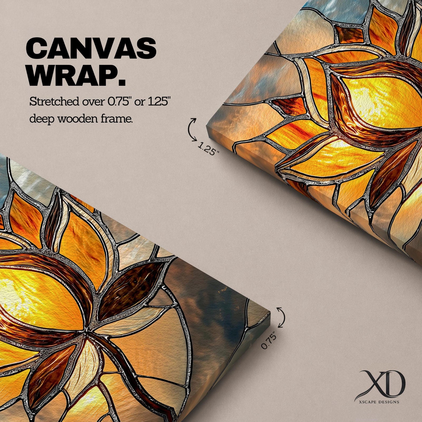 This artwork features a stained glass style depiction of a lotus flower with glowing amber and brown tones. The design mimics the segmented, textured look of stained glass panels, emphasizing the flower’s petals and stem in a mosaic-like arrangement, capturing a botanical and meditative essence.