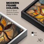 This artwork features a stained glass style depiction of a lotus flower with glowing amber and brown tones. The design mimics the segmented, textured look of stained glass panels, emphasizing the flower’s petals and stem in a mosaic-like arrangement, capturing a botanical and meditative essence.