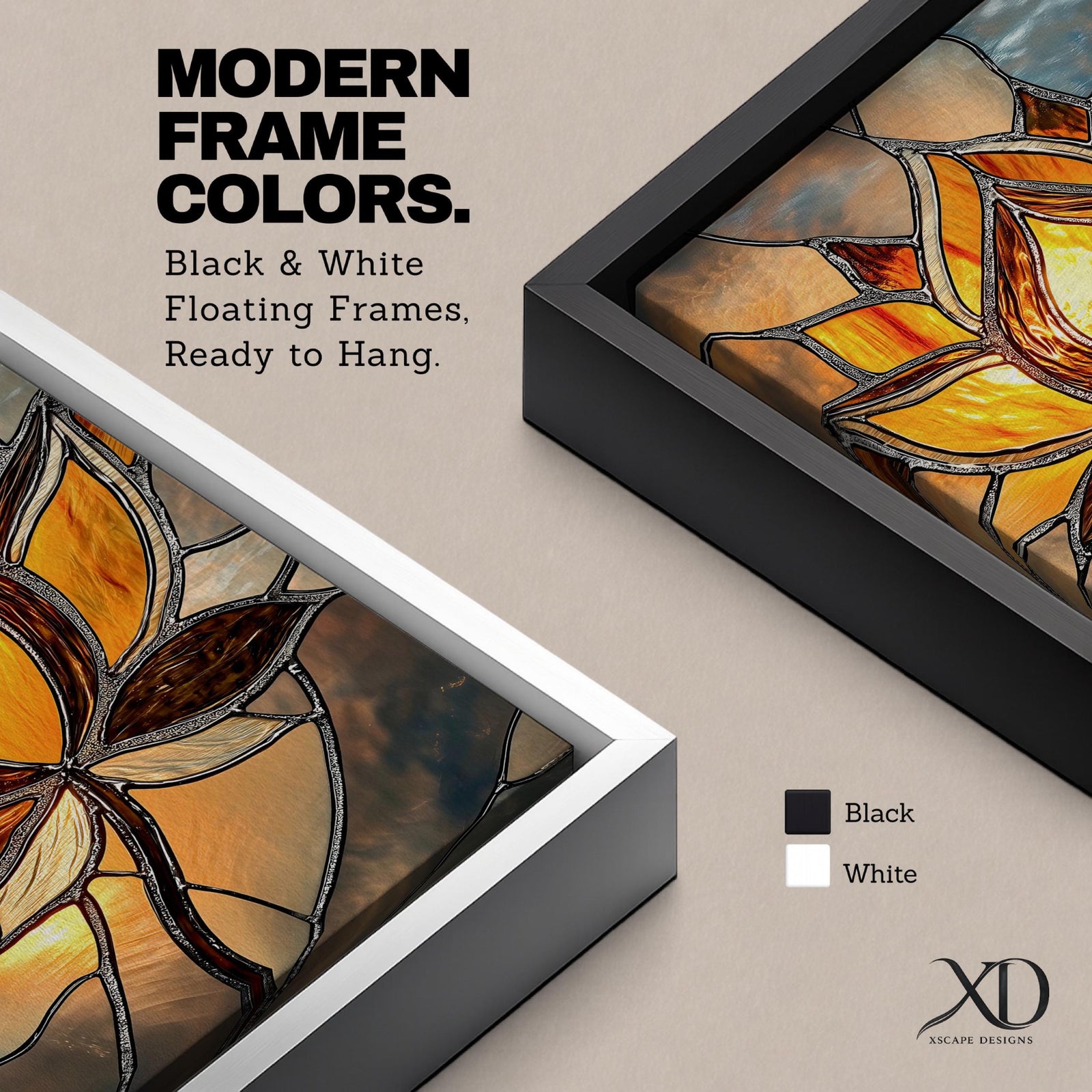 This artwork features a stained glass style depiction of a lotus flower with glowing amber and brown tones. The design mimics the segmented, textured look of stained glass panels, emphasizing the flower’s petals and stem in a mosaic-like arrangement, capturing a botanical and meditative essence.