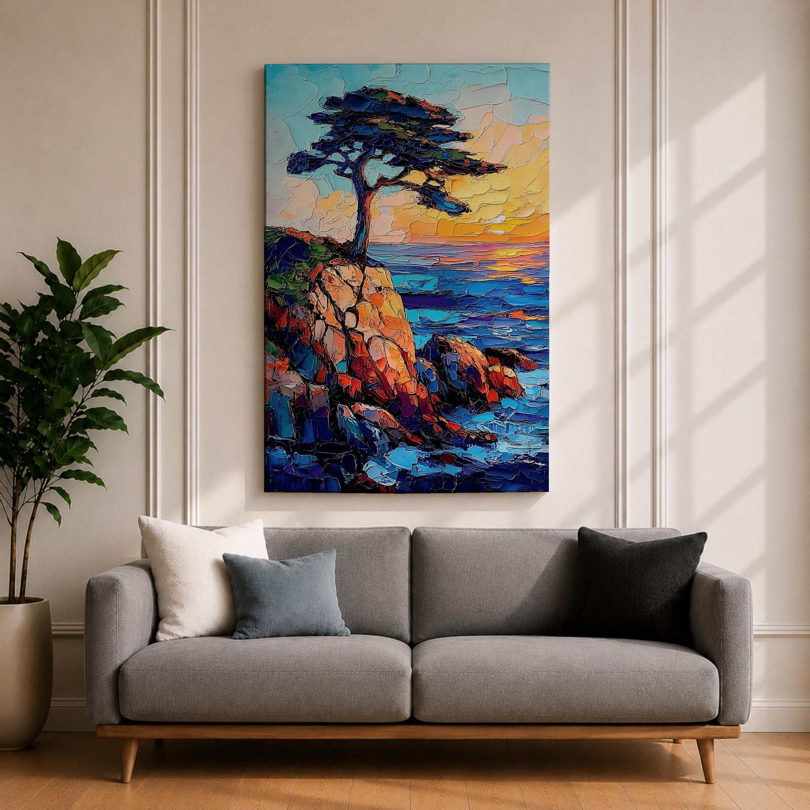 An impasto style painting of the Lone Cypress tree perched on a rocky cliff overlooking the ocean at sunset. The textured brush strokes create vibrant waves and a glowing sky, capturing the rugged coastal landscape with bold colors and dynamic composition.