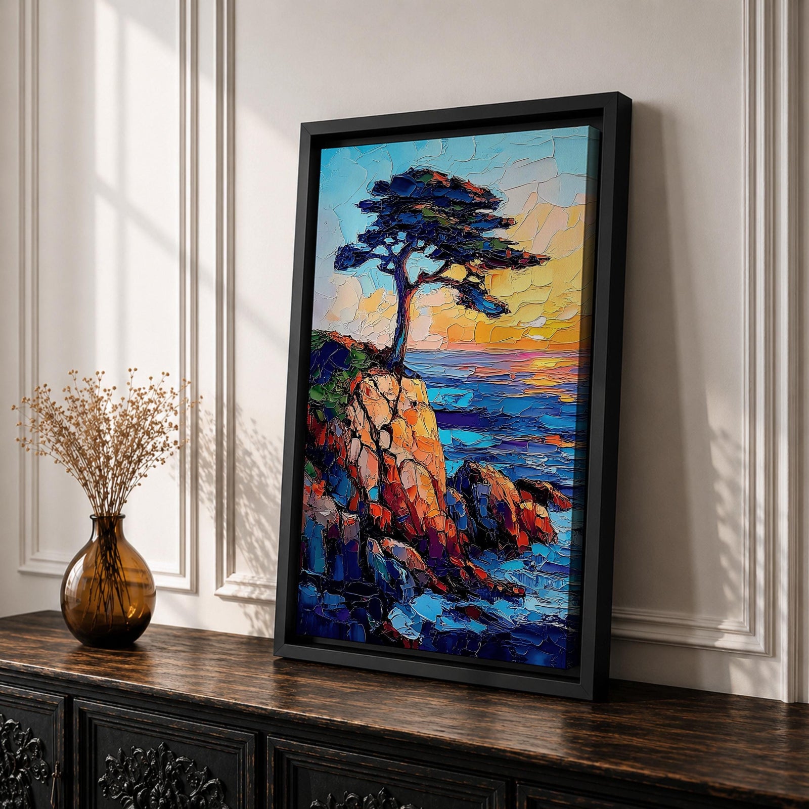 An impasto style painting of the Lone Cypress tree perched on a rocky cliff overlooking the ocean at sunset. The textured brush strokes create vibrant waves and a glowing sky, capturing the rugged coastal landscape with bold colors and dynamic composition.