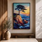 An impasto style painting of the Lone Cypress tree perched on a rocky cliff overlooking the ocean at sunset. The textured brush strokes create vibrant waves and a glowing sky, capturing the rugged coastal landscape with bold colors and dynamic composition.
