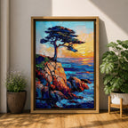 An impasto style painting of the Lone Cypress tree perched on a rocky cliff overlooking the ocean at sunset. The textured brush strokes create vibrant waves and a glowing sky, capturing the rugged coastal landscape with bold colors and dynamic composition.