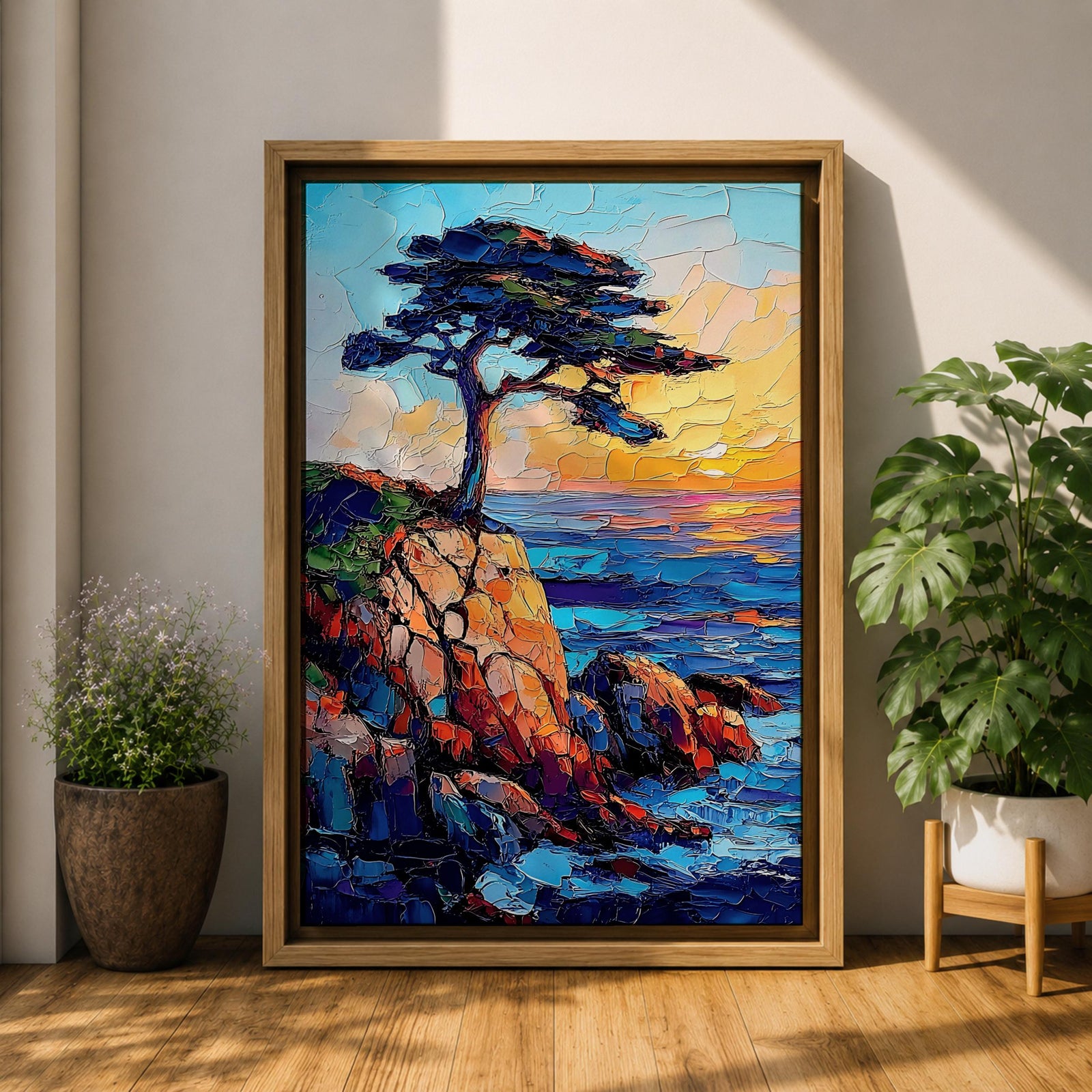 An impasto style painting of the Lone Cypress tree perched on a rocky cliff overlooking the ocean at sunset. The textured brush strokes create vibrant waves and a glowing sky, capturing the rugged coastal landscape with bold colors and dynamic composition.
