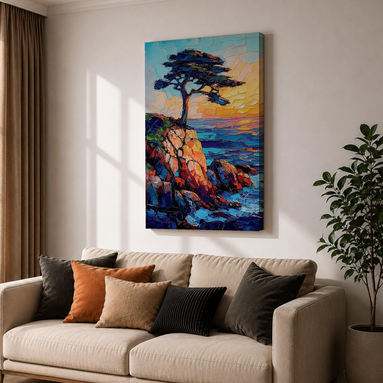An impasto style painting of the Lone Cypress tree perched on a rocky cliff overlooking the ocean at sunset. The textured brush strokes create vibrant waves and a glowing sky, capturing the rugged coastal landscape with bold colors and dynamic composition.