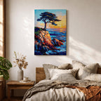 An impasto style painting of the Lone Cypress tree perched on a rocky cliff overlooking the ocean at sunset. The textured brush strokes create vibrant waves and a glowing sky, capturing the rugged coastal landscape with bold colors and dynamic composition.